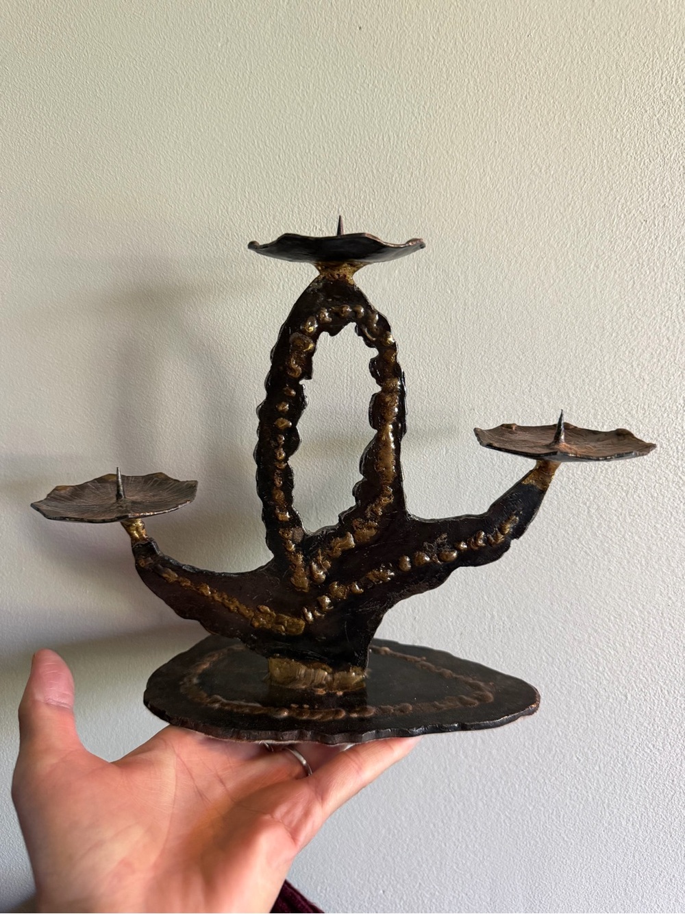 Vintage Brutalist 3-arm metal candlestick candle holder